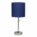 Creekwood Home Oslo 19.5in Power Outlet Base Metal Table Lamp, Brushed Steel, Navy Blue Drum Fabric Shade CWT-2009-NV